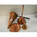 A collection of Victorian and later copper ware including wine muller, beer funnel, jelly mould etc.