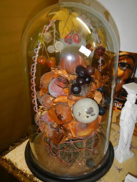 A Victorian fruit display under glass dome.