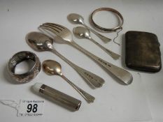 A mixed lot of silver items including cigarette case, approximately 210 grams.