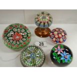 5 millifiore paperweights including one incorporated in to a door handle.