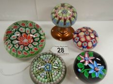 5 millifiore paperweights including one incorporated in to a door handle.