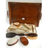 An oak serving tray, a dressing table set (unused), and advertising brush and one other etc.