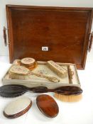 An oak serving tray, a dressing table set (unused), and advertising brush and one other etc.