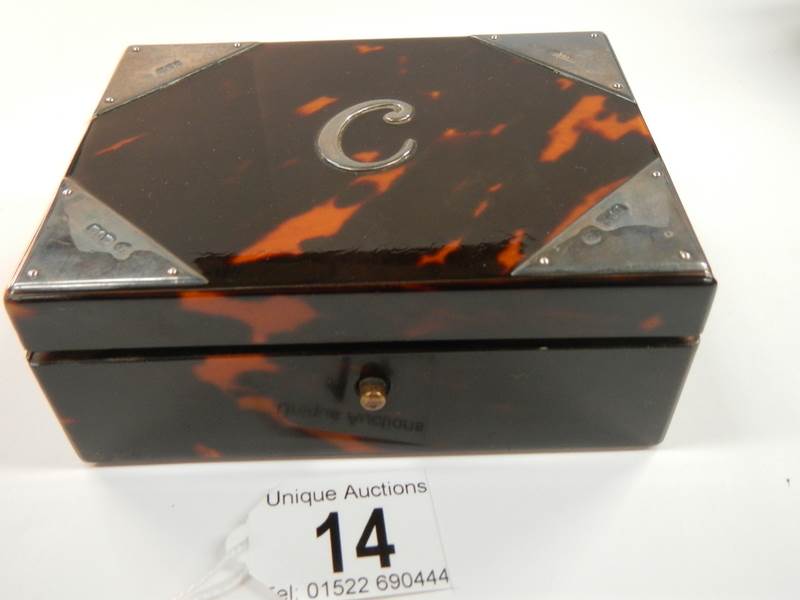 An imitation tortoise shell box with silver mounts (two small strips missing, - Image 2 of 5