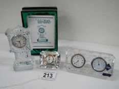 3 good collector's glass clocks, Galway, Edinburgh crystal etc.