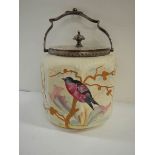 A late Victorian biscuit barrel hand painted with birds and with plated lid and handle.