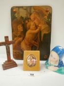 A religious over painted print, a china bust, a framed miniature and a crucifix.