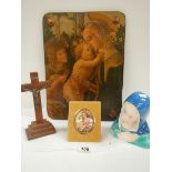 A religious over painted print, a china bust, a framed miniature and a crucifix.