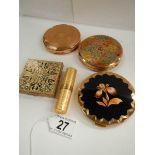 4 good quality powder compacts including Stratton and a lipstick holder.