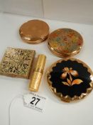 4 good quality powder compacts including Stratton and a lipstick holder.