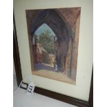 A small signed watercolour of a lady under arch, 9.5" x 11.