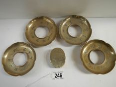 A set of 4 Chinese bronze tray holders and a pill box with slate insert (signed)