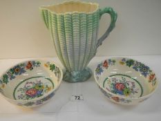 A 9.5" tall Sylvac jug and 2 Mason's bowls, in good condition.