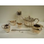 8 items of good 20th century silver plate and a silver handled button hook.