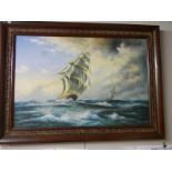 A large oil painting of sailing ships on canvas,