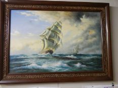 A large oil painting of sailing ships on canvas,