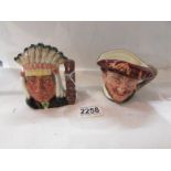 2 small Royal Doulton character jugs - Drake (no number) and North American Indian D6614.