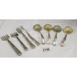 3 silver handled forks, one other and 4 silver plate ladles.