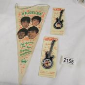 2 Invicta Plastics Beatles guitar brooches with backing cards and a Beatles pennant.