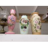 3 Victorian hand painted glass vases.