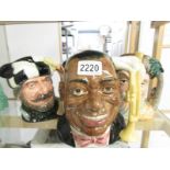 3 Royal Doulton character jugs - Trapper D6609, Robinson Crusoe D6532 and Louis Armstrong.