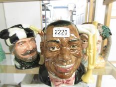 3 Royal Doulton character jugs - Trapper D6609, Robinson Crusoe D6532 and Louis Armstrong.