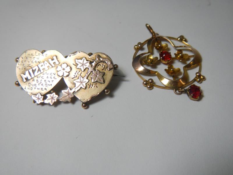 A 9ct gold brooch plus fob with ruby stone in centre not tested