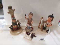 A Beswick spaniel, a Hummel lamp base and 3 Friedel Bavarian figures.