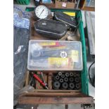 A box of assorted vintage tool accessories including cased British Oxygen Co welding nozzles,