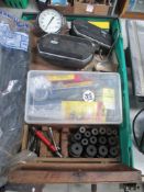 A box of assorted vintage tool accessories including cased British Oxygen Co welding nozzles,