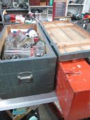 A large pine box full of garage / workshop hardware and a metal tool case