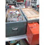 A large pine box full of garage / workshop hardware and a metal tool case