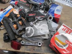 A large collection of mainly new bicycle parts including Shimano Derailler.