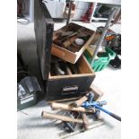 A large painted pine box full of household work tools etc
