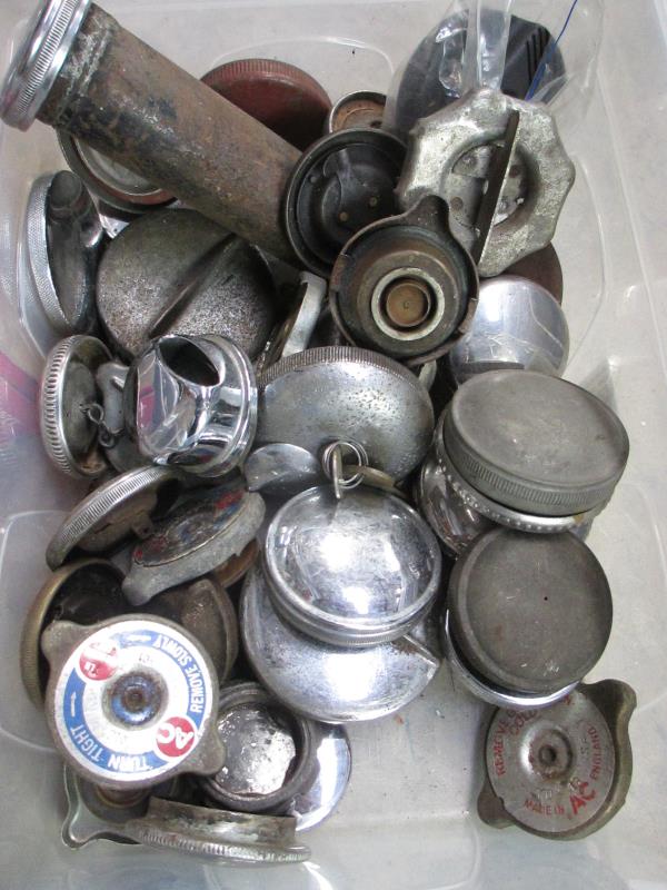 2 boxes of radiator and rocker cover caps and a collection of vintage chrome - Image 3 of 5