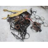 A big lot of vintage stirrups and horse tack.