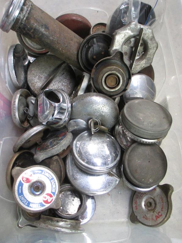2 boxes of radiator and rocker cover caps and a collection of vintage chrome - Image 2 of 5