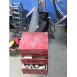 A garden storage box, a toolbox with contents, various power tools, 2 Kawasaki wheels,