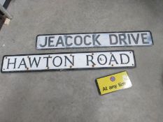 2 aluminium street name road signs Hawton Road and Jeacock Drive and 1 other sign