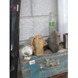 A good lot comprising of a brass fire extinguisher, an old leather bike seat,