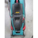 A Bosch electric lawn mower with grass box.