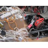 A Black & Decker boxed Sandstorm and hot air gun and a very large lot of 240v extension leads