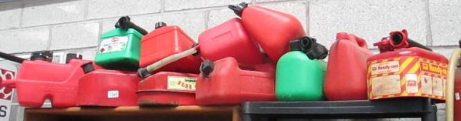 9 various plastic and metal fuel / petrol cans