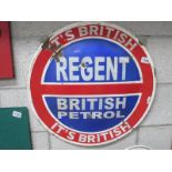 A round enamel Regent British petrol sign (approximately 61cm diameter)