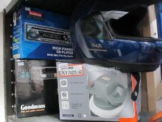 A mixed lot of motoring items including Goodmans car radios, Challenge Extreme car polisher,