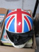 A motorcycle helmet and gloves