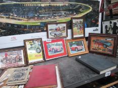 A quantity of small framed vintage style adverts and pictures of cars and motorcycles