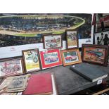 A quantity of small framed vintage style adverts and pictures of cars and motorcycles