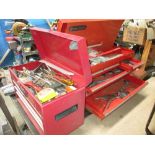 A large 7 drawer tool chest with tools and 5 drawer box full of tools