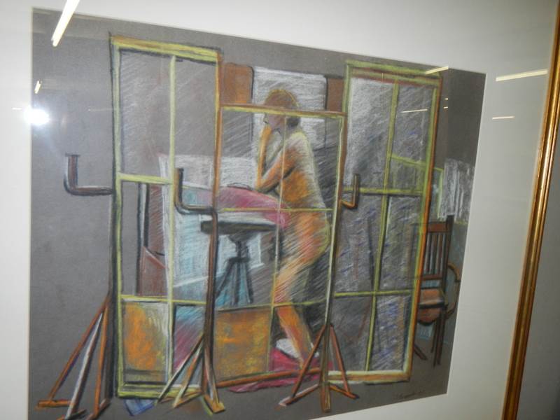 A framed and glazed S Barnes 1960's pastel drawing of a female nude in a studio behind a screen, - Image 2 of 2